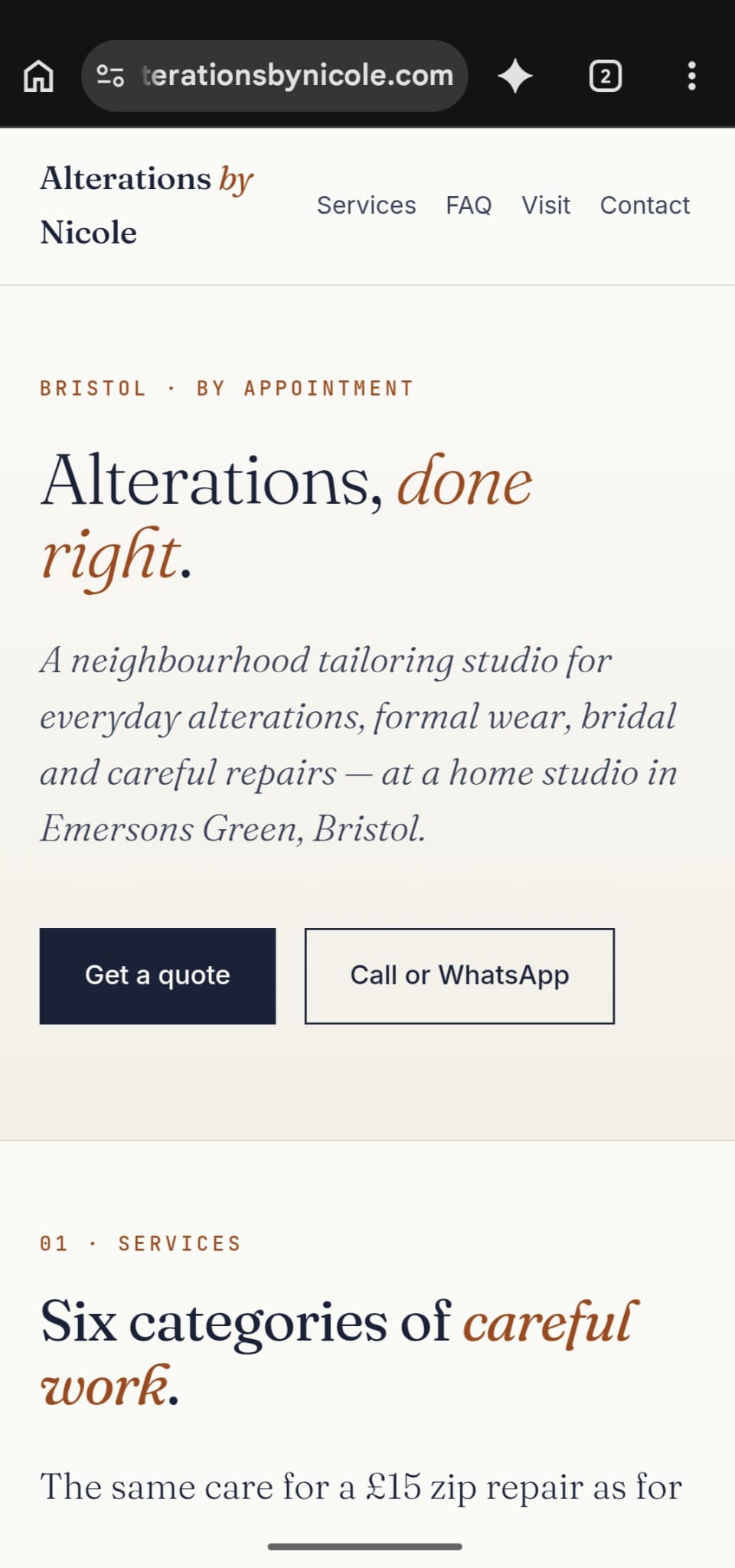 Alterations by Nicole website on mobile