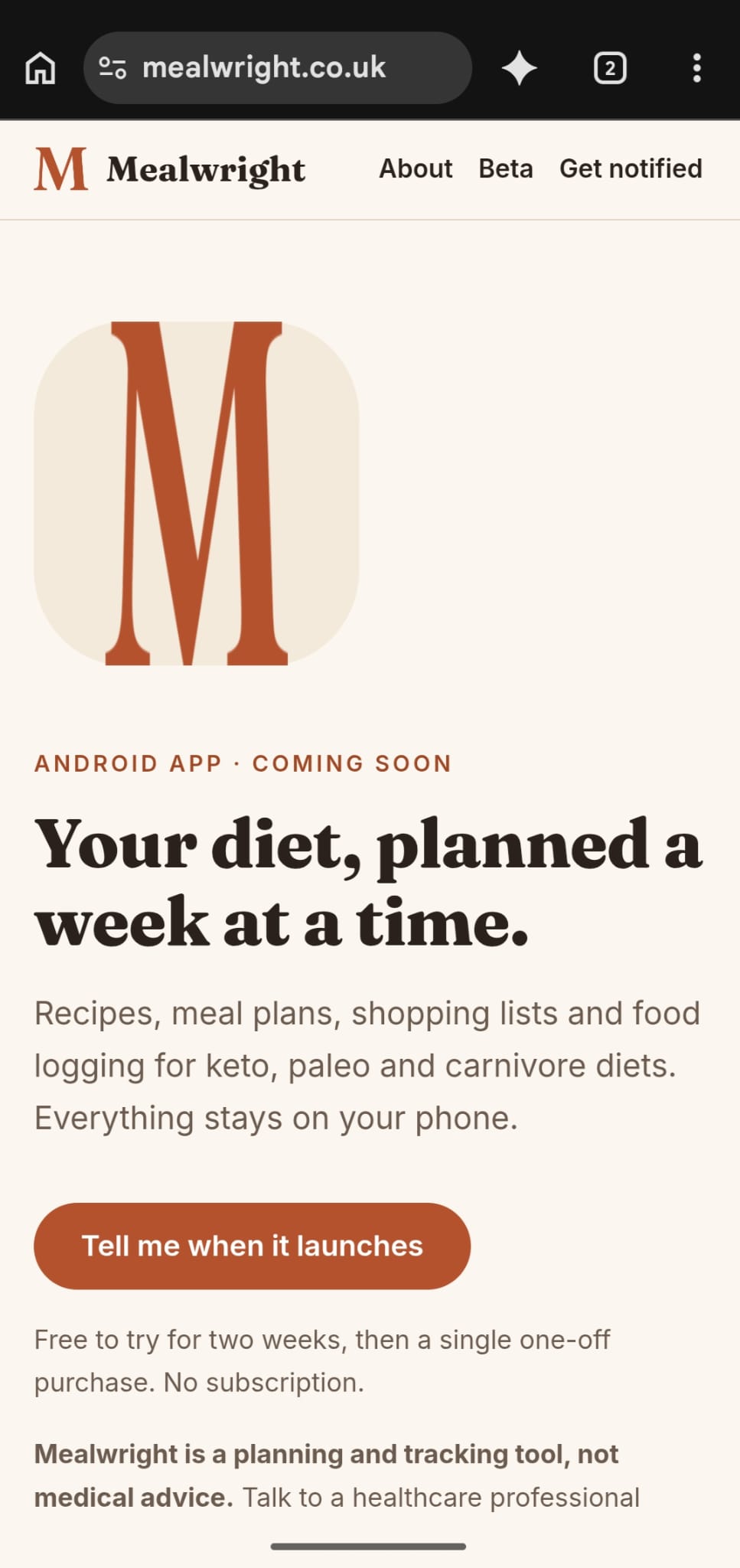 Mealwright website on mobile