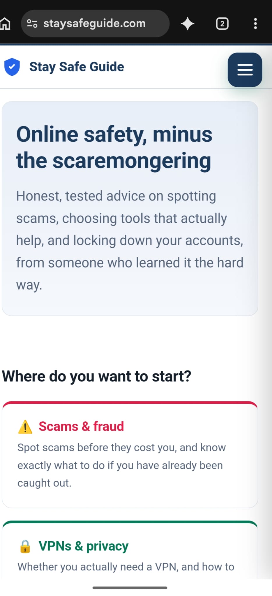 StaySafe Guide website on mobile
